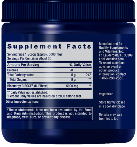 D-Ribose Powder 150 grams Life Extension - Nutrigeek