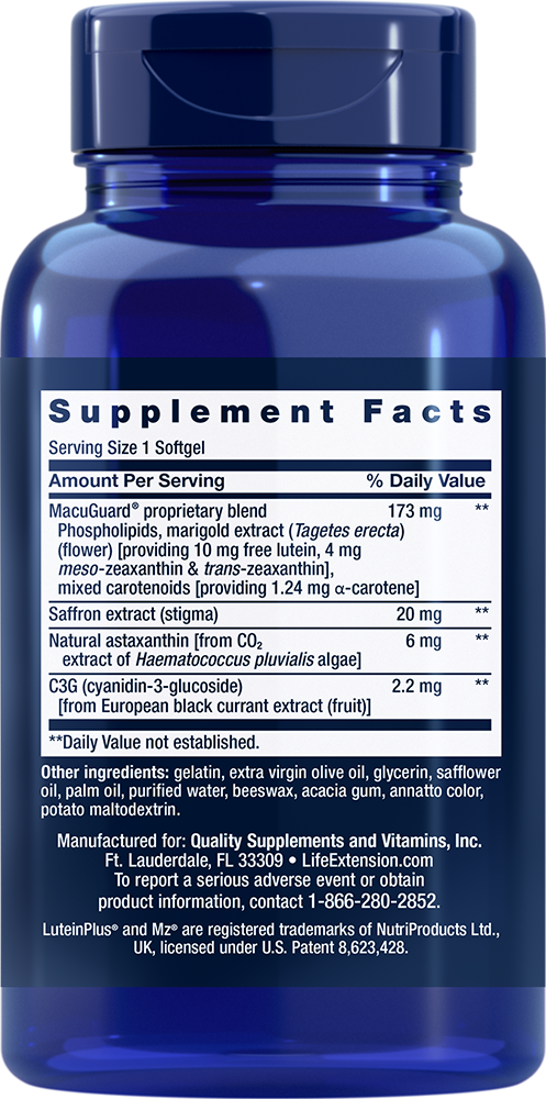 MacuGuard® Ocular Support with Saffron & Astaxanthin 60 softgels Life Extension - Nutrigeek