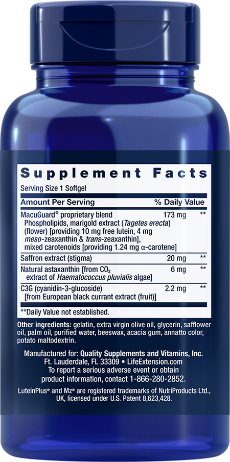 MacuGuard® Ocular Support with Saffron & Astaxanthin 60 softgels Life Extension - Nutrigeek