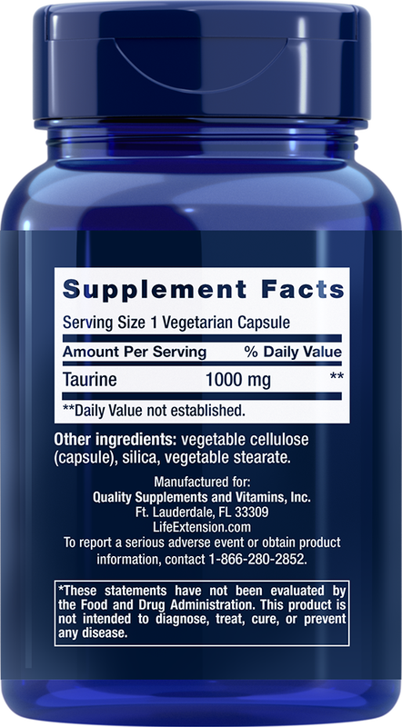 Taurine 1000 mg 90 capsules Life Extension - Premium Vitamins & Supplements from Life Extension - Just $9.99! Shop now at Nutrigeek