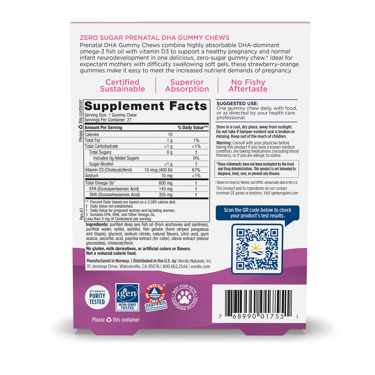 Zero Sugar Prenatal DHA Strawberry Orange 27 Gummy Chews Nordic Naturals - Nutrigeek