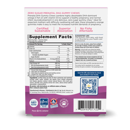 Zero Sugar Prenatal DHA Strawberry Orange 27 Gummy Chews Nordic Naturals - Nutrigeek