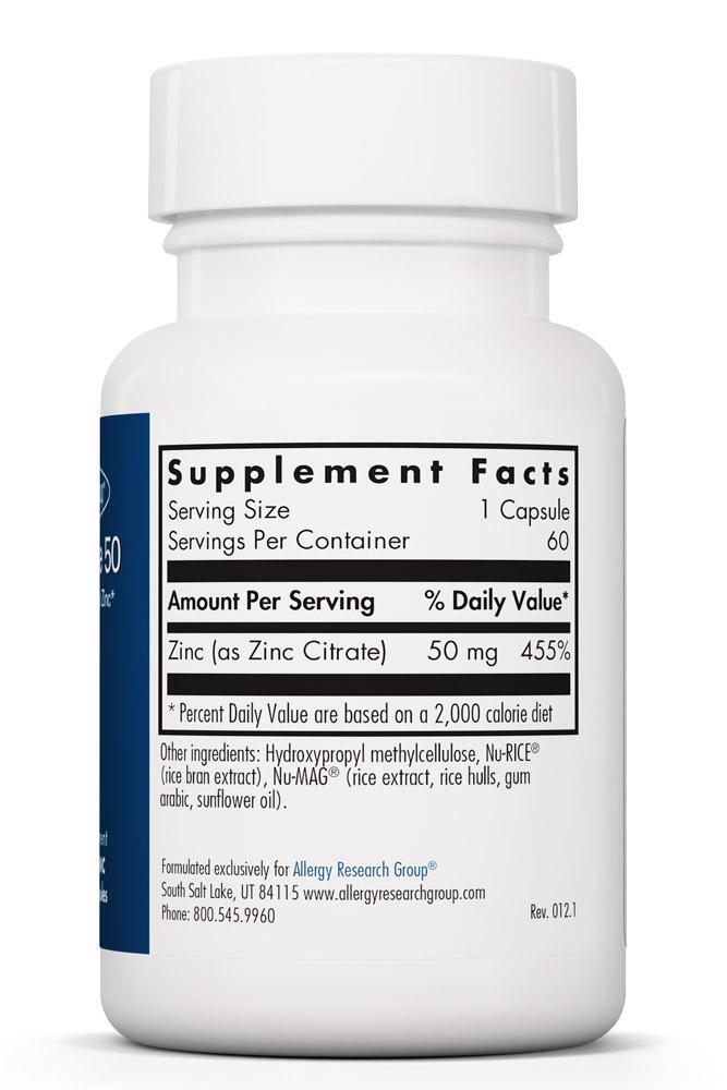 Zinc Citrate 50 Mg 60 Vegetarian Caps Allergy Research Group - Premium  from Allergy Research Group - Just $11.99! Shop now at Nutrigeek