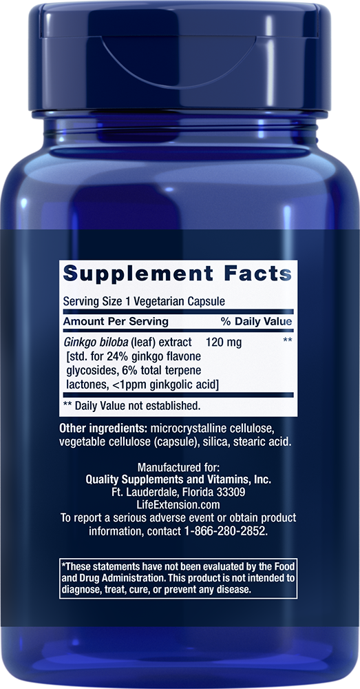 Ginkgo Biloba Certified Extract™ 120 mg 365 capsules Life Extension - Nutrigeek