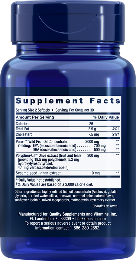 Super Omega-3 EPA/DHA Fish Oil, Sesame Lignans & Olive Extract Softgels Life Extension - Nutrigeek