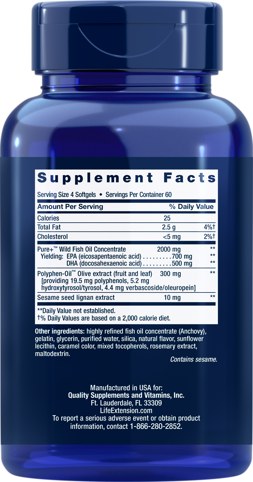 Super Omega-3 EPA/DHA Fish Oil, Sesame Lignans & Olive Extract Softgels Life Extension - Nutrigeek