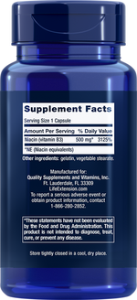 Vitamin B3 Niacin 500mg 100 capsules Life Extension - Premium Vitamins & Supplements from Life Extension - Just $7.99! Shop now at Nutrigeek