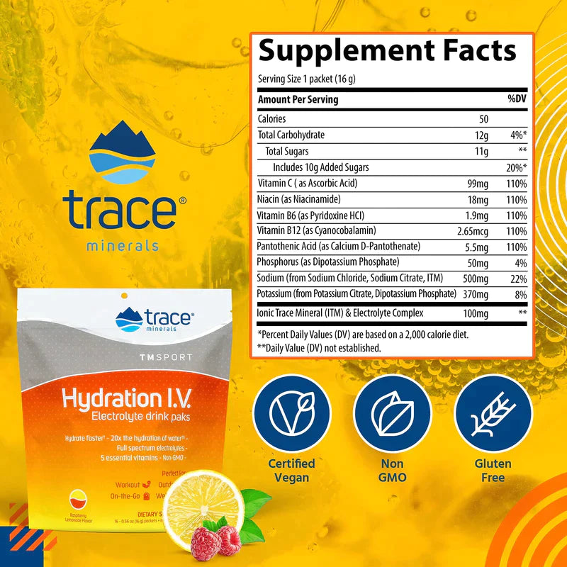 Hydration I.V. Electrolyte Drink Paks - Raspberry Lemonade 16 Packs Trace Minerals Research - Premium Vitamins & Supplements from Trace Minerals Research - Just $29.99! Shop now at Nutrigeek