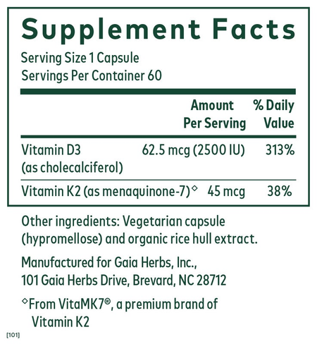 Vitamin D3 + K2 60 capsules Gaia Herbs - Premium Vitamins & Supplements from Gaia Herbs - Just $28.00! Shop now at Nutrigeek