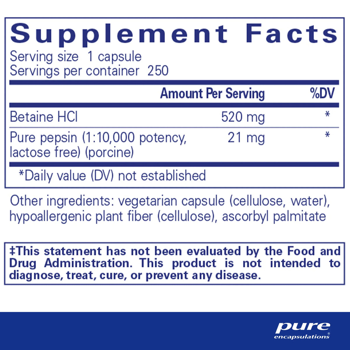 Betaine HCl/Pepsin 250 capsules Pure Encapsulations - Premium Vitamins & Supplements from Pure Encapsulations - Just $51.20! Shop now at Nutrigeek