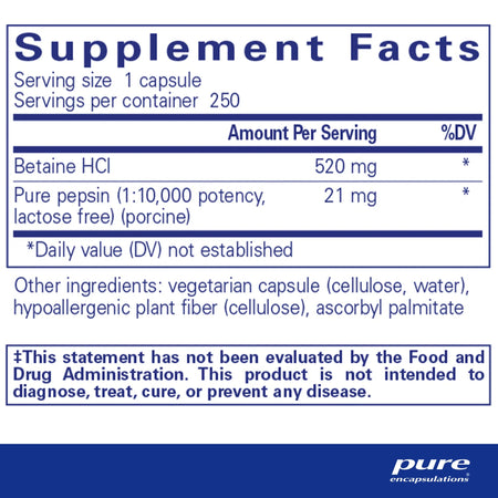 Betaine HCl/Pepsin 250 capsules Pure Encapsulations - Premium Vitamins & Supplements from Pure Encapsulations - Just $51.20! Shop now at Nutrigeek