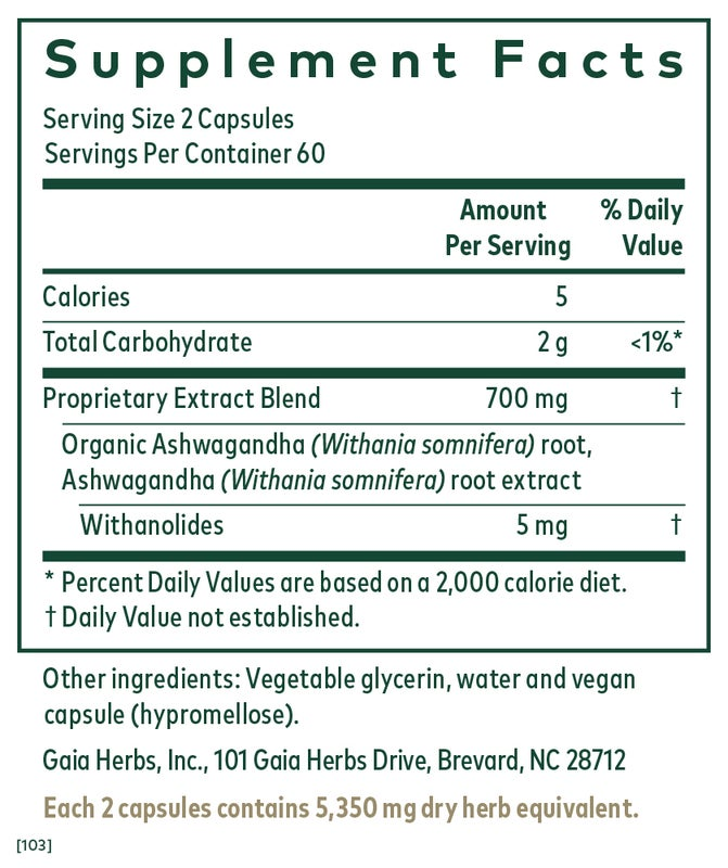 Ashwagandha 700 120 capsules Gaia Herbs - Premium Vitamins & Supplements from Gaia Herbs - Just $40.99! Shop now at Nutrigeek