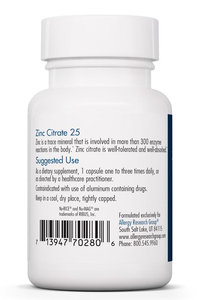 Zinc Citrate 25 Mg 60 Vegetarian Caps Allergy Research Group - Premium  from Allergy Research Group - Just $9.99! Shop now at Nutrigeek